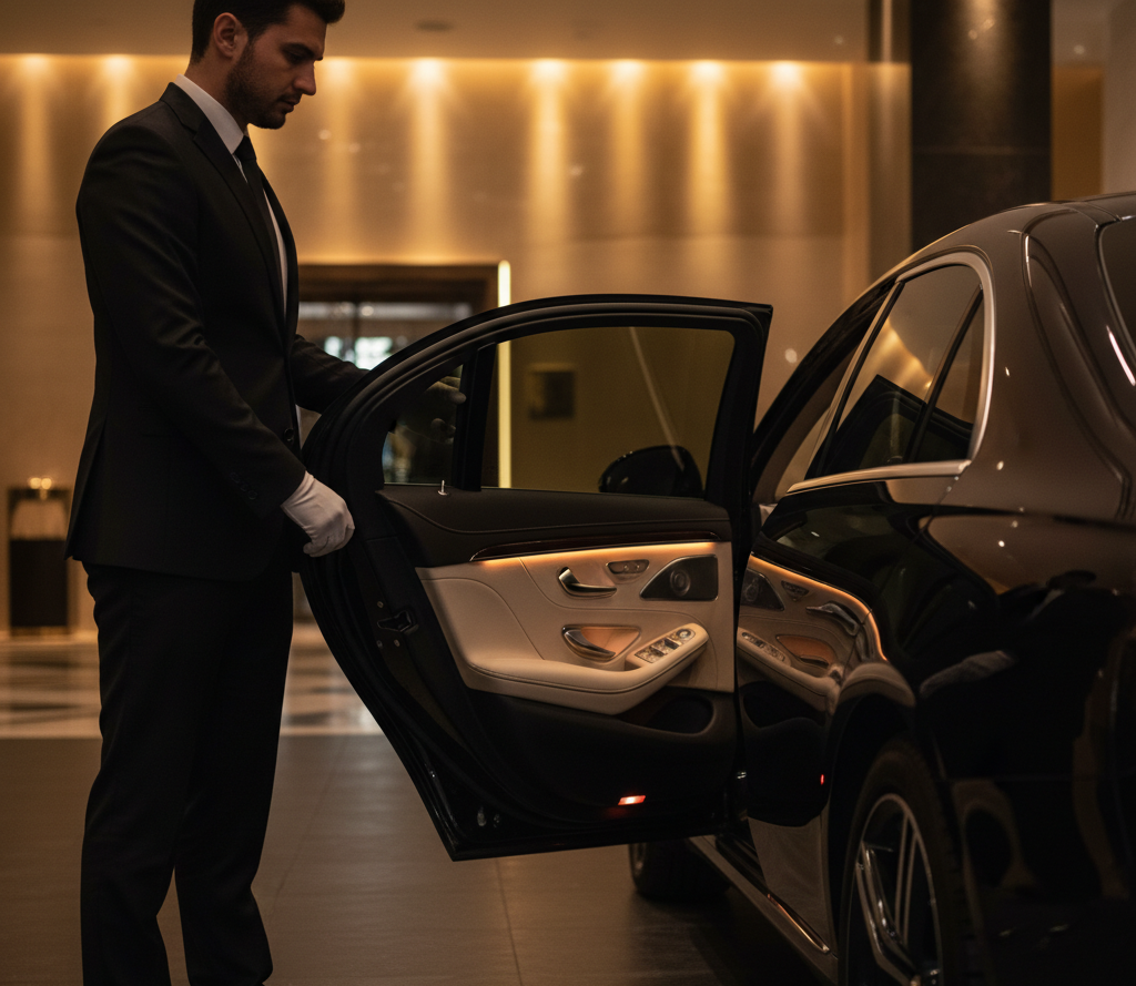 Professional Swiss chauffeur opening Mercedes door for executive client — private car service Zurich